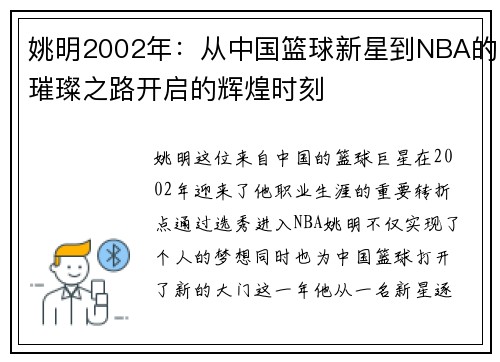 姚明2002年：从中国篮球新星到NBA的璀璨之路开启的辉煌时刻